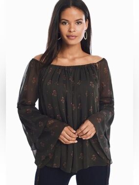 NWT White House Black Market Olive Green Off-Shoulder Floral Blouse (012)